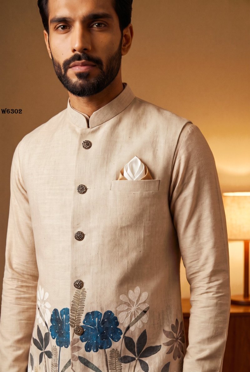 Yellow Outluk Wedding Vol 63 Linen Modi Jacket Kurta Pajama